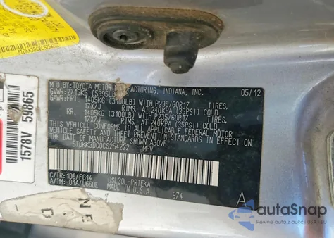 2012 Toyota Sienna Le 8-Passenger z USA, uszkodzony, nr VIN 5TDKK3DC0CS254222